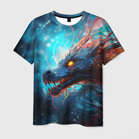 Мужская футболка 3D с принтом Водный дракон   нейросеть , 100% полиэфир | прямой крой, круглый вырез горловины, длина до линии бедер | 