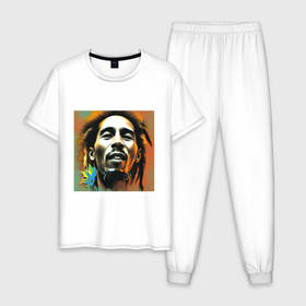 Мужская пижама хлопок с принтом Фантастический граффити Арт Боб Марли в Тюмени, 100% хлопок | брюки и футболка прямого кроя, без карманов, на брюках мягкая резинка на поясе и по низу штанин
 | 