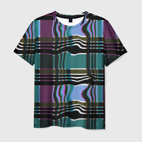 Мужская футболка 3D с принтом Клетка шотландка с искажением , 100% полиэфир | прямой крой, круглый вырез горловины, длина до линии бедер | 