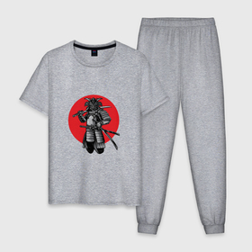 Мужская пижама хлопок с принтом Японский самурай на фоне красного солнца в Санкт-Петербурге, 100% хлопок | брюки и футболка прямого кроя, без карманов, на брюках мягкая резинка на поясе и по низу штанин
 | Тематика изображения на принте: 