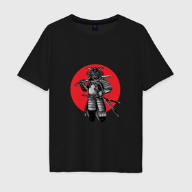 Мужская футболка хлопок Oversize с принтом Японский самурай на фоне красного солнца в Белгороде, 100% хлопок | свободный крой, круглый ворот, “спинка” длиннее передней части | 