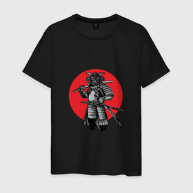 Мужская футболка хлопок с принтом Японский самурай на фоне красного солнца в Кировске, 100% хлопок | прямой крой, круглый вырез горловины, длина до линии бедер, слегка спущенное плечо. | Тематика изображения на принте: 