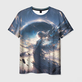 Мужская футболка 3D с принтом Небесная девушка от нейросети в Екатеринбурге, 100% полиэфир | прямой крой, круглый вырез горловины, длина до линии бедер | Тематика изображения на принте: 