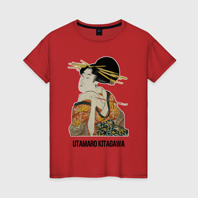 Женская футболка хлопок с принтом Утамаро Китагава   картина  Гейша с трубкой в Петрозаводске, 100% хлопок | прямой крой, круглый вырез горловины, длина до линии бедер, слегка спущенное плечо | 