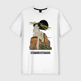 Мужская футболка хлопок Slim с принтом Утамаро Китагава   картина  Гейша с трубкой в Санкт-Петербурге, 92% хлопок, 8% лайкра | приталенный силуэт, круглый вырез ворота, длина до линии бедра, короткий рукав | 