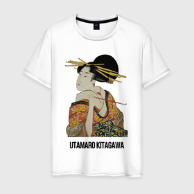 Мужская футболка хлопок с принтом Утамаро Китагава   картина  Гейша с трубкой в Санкт-Петербурге, 100% хлопок | прямой крой, круглый вырез горловины, длина до линии бедер, слегка спущенное плечо. | 