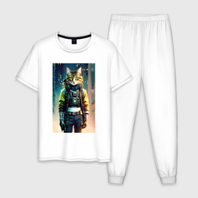 Мужская пижама хлопок с принтом Крутой котяра   киберпанк   нейросеть , 100% хлопок | брюки и футболка прямого кроя, без карманов, на брюках мягкая резинка на поясе и по низу штанин
 | Тематика изображения на принте: 