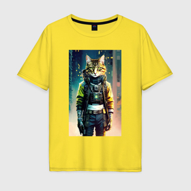 Мужская футболка хлопок Oversize с принтом Крутой котяра   киберпанк   нейросеть в Санкт-Петербурге, 100% хлопок | свободный крой, круглый ворот, “спинка” длиннее передней части | 