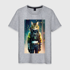 Мужская футболка хлопок с принтом Крутой котяра   киберпанк   нейросеть в Кировске, 100% хлопок | прямой крой, круглый вырез горловины, длина до линии бедер, слегка спущенное плечо. | 