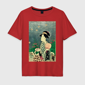 Мужская футболка хлопок Oversize с принтом Утамаро Китагава   гравюра Ловля светлячков в Курске, 100% хлопок | свободный крой, круглый ворот, “спинка” длиннее передней части | 