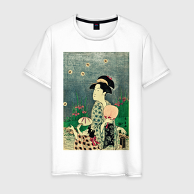 Мужская футболка хлопок с принтом Утамаро Китагава   гравюра Ловля светлячков в Санкт-Петербурге, 100% хлопок | прямой крой, круглый вырез горловины, длина до линии бедер, слегка спущенное плечо. | 