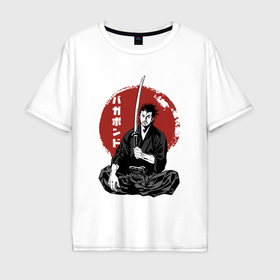 Мужская футболка хлопок Oversize с принтом Бродяга самурай в Петрозаводске, 100% хлопок | свободный крой, круглый ворот, “спинка” длиннее передней части | 