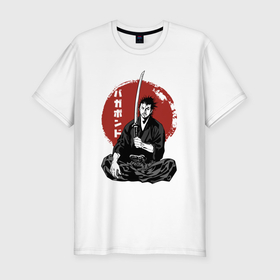 Мужская футболка хлопок Slim с принтом Бродяга самурай в Курске, 92% хлопок, 8% лайкра | приталенный силуэт, круглый вырез ворота, длина до линии бедра, короткий рукав | 