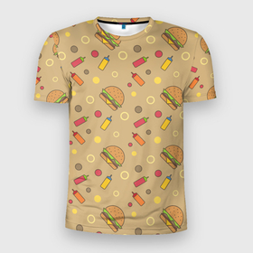 Мужская футболка 3D Slim с принтом Гамбургеры в Курске, 100% полиэстер с улучшенными характеристиками | приталенный силуэт, круглая горловина, широкие плечи, сужается к линии бедра | 