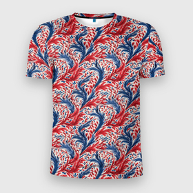 Мужская футболка 3D Slim с принтом Русские белые синие красные узоры , 100% полиэстер с улучшенными характеристиками | приталенный силуэт, круглая горловина, широкие плечи, сужается к линии бедра | 