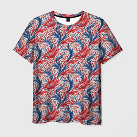 Мужская футболка 3D с принтом Русские белые синие красные узоры в Петрозаводске, 100% полиэфир | прямой крой, круглый вырез горловины, длина до линии бедер | 