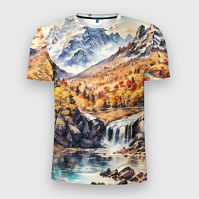 Мужская футболка 3D Slim с принтом Красочная осень в горной долине в Санкт-Петербурге, 100% полиэстер с улучшенными характеристиками | приталенный силуэт, круглая горловина, широкие плечи, сужается к линии бедра | 