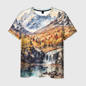 Мужская футболка 3D с принтом Красочная осень в горной долине в Курске, 100% полиэфир | прямой крой, круглый вырез горловины, длина до линии бедер | 