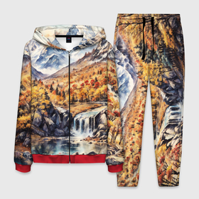Мужской костюм 3D с принтом Красочная осень в горной долине в Курске, 100% полиэстер | Манжеты и пояс оформлены тканевой резинкой, двухслойный капюшон со шнурком для регулировки, карманы спереди | 