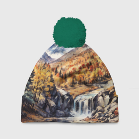 Шапка 3D c помпоном с принтом Красочная осень в горной долине в Курске, 100% полиэстер | универсальный размер, печать по всей поверхности изделия | 