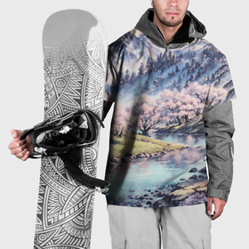 Накидка на куртку 3D с принтом Цветущие деревья сакуры у реки в горной долине в Санкт-Петербурге, 100% полиэстер |  | Тематика изображения на принте: 