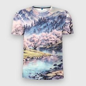 Мужская футболка 3D Slim с принтом Цветущие деревья сакуры у реки в горной долине в Санкт-Петербурге, 100% полиэстер с улучшенными характеристиками | приталенный силуэт, круглая горловина, широкие плечи, сужается к линии бедра | 