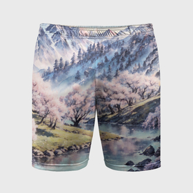 Мужские шорты спортивные с принтом Цветущие деревья сакуры у реки в горной долине в Санкт-Петербурге,  |  | Тематика изображения на принте: 