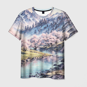 Мужская футболка 3D с принтом Цветущие деревья сакуры у реки в горной долине в Новосибирске, 100% полиэфир | прямой крой, круглый вырез горловины, длина до линии бедер | Тематика изображения на принте: 