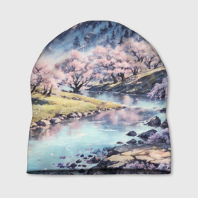 Шапка 3D с принтом Цветущие деревья сакуры у реки в горной долине в Санкт-Петербурге, 100% полиэстер | универсальный размер, печать по всей поверхности изделия | Тематика изображения на принте: 