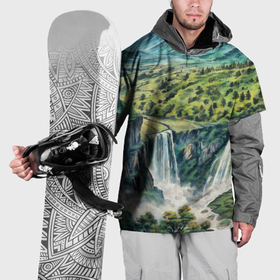 Накидка на куртку 3D с принтом Река с водопадом в летнем лесу горной долины в Екатеринбурге, 100% полиэстер |  | 