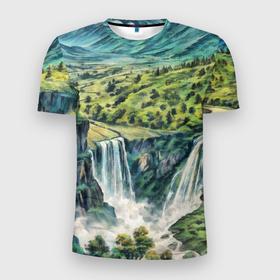 Мужская футболка 3D Slim с принтом Река с водопадом в летнем лесу горной долины в Новосибирске, 100% полиэстер с улучшенными характеристиками | приталенный силуэт, круглая горловина, широкие плечи, сужается к линии бедра | Тематика изображения на принте: 