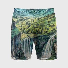 Мужские шорты спортивные с принтом Река с водопадом в летнем лесу горной долины в Санкт-Петербурге,  |  | 