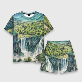 Мужской костюм с шортами 3D с принтом Река с водопадом в летнем лесу горной долины в Санкт-Петербурге,  |  | 