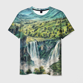 Мужская футболка 3D с принтом Река с водопадом в летнем лесу горной долины в Новосибирске, 100% полиэфир | прямой крой, круглый вырез горловины, длина до линии бедер | 