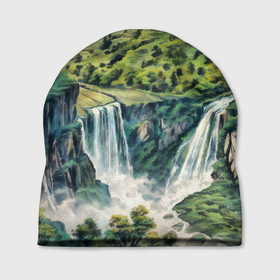 Шапка 3D с принтом Река с водопадом в летнем лесу горной долины в Белгороде, 100% полиэстер | универсальный размер, печать по всей поверхности изделия | 