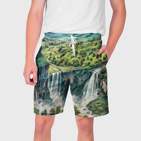 Мужские шорты 3D с принтом Река с водопадом в летнем лесу горной долины в Санкт-Петербурге,  полиэстер 100% | прямой крой, два кармана без застежек по бокам. Мягкая трикотажная резинка на поясе, внутри которой широкие завязки. Длина чуть выше колен | 