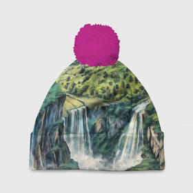 Шапка 3D c помпоном с принтом Река с водопадом в летнем лесу горной долины в Белгороде, 100% полиэстер | универсальный размер, печать по всей поверхности изделия | 
