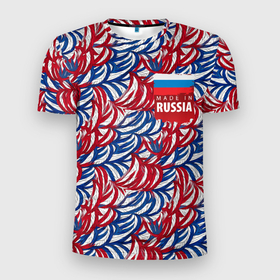 Мужская футболка 3D Slim с принтом Флаг России и узоры , 100% полиэстер с улучшенными характеристиками | приталенный силуэт, круглая горловина, широкие плечи, сужается к линии бедра | 