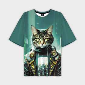 Мужская футболка oversize 3D с принтом Funny cat on the background of skyscrapers в Курске,  |  | Тематика изображения на принте: 