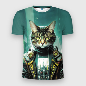 Мужская футболка 3D Slim с принтом Funny cat on the background of skyscrapers в Курске, 100% полиэстер с улучшенными характеристиками | приталенный силуэт, круглая горловина, широкие плечи, сужается к линии бедра | Тематика изображения на принте: 