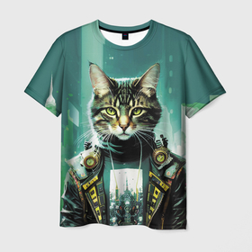 Мужская футболка 3D с принтом Funny cat on the background of skyscrapers в Курске, 100% полиэфир | прямой крой, круглый вырез горловины, длина до линии бедер | Тематика изображения на принте: 