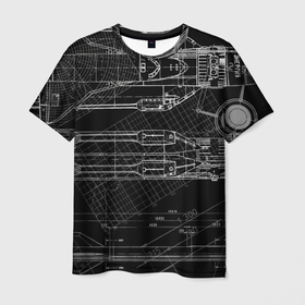 Мужская футболка 3D с принтом Чертеж ракеты на чёрном фоне в Екатеринбурге, 100% полиэфир | прямой крой, круглый вырез горловины, длина до линии бедер | 