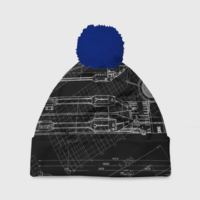 Шапка 3D c помпоном с принтом Чертеж ракеты на чёрном фоне в Екатеринбурге, 100% полиэстер | универсальный размер, печать по всей поверхности изделия | 