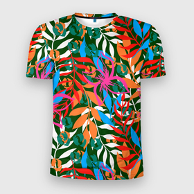 Мужская футболка 3D Slim с принтом Яркие абстрактные листья в Екатеринбурге, 100% полиэстер с улучшенными характеристиками | приталенный силуэт, круглая горловина, широкие плечи, сужается к линии бедра | Тематика изображения на принте: 