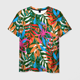 Мужская футболка 3D с принтом Яркие абстрактные листья в Екатеринбурге, 100% полиэфир | прямой крой, круглый вырез горловины, длина до линии бедер | Тематика изображения на принте: 