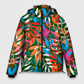 Мужская зимняя куртка 3D с принтом Яркие абстрактные листья в Екатеринбурге, верх — 100% полиэстер; подкладка — 100% полиэстер; утеплитель — 100% полиэстер | длина ниже бедра, свободный силуэт Оверсайз. Есть воротник-стойка, отстегивающийся капюшон и ветрозащитная планка. 

Боковые карманы с листочкой на кнопках и внутренний карман на молнии. | Тематика изображения на принте: 