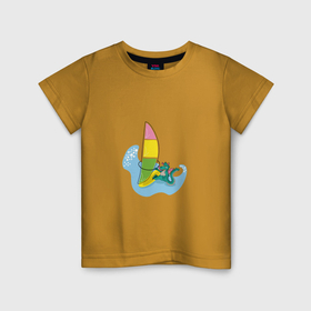 Детская футболка хлопок с принтом Дракон виндсерфер на волне под парусом в Кировске, 100% хлопок | круглый вырез горловины, полуприлегающий силуэт, длина до линии бедер | 