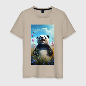 Мужская футболка хлопок с принтом Довольная панда на природе в городе Новоалтайск, 100% хлопок | прямой крой, круглый вырез горловины, длина до линии бедер, слегка спущенное плечо. | 