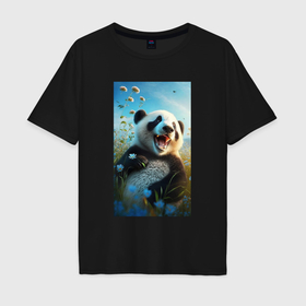 Мужская футболка хлопок Oversize с принтом Веселая   панда в Тюмени, 100% хлопок | свободный крой, круглый ворот, “спинка” длиннее передней части | Тематика изображения на принте: 