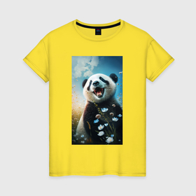 Женская футболка хлопок с принтом Панда с цветочками в Кировске, 100% хлопок | прямой крой, круглый вырез горловины, длина до линии бедер, слегка спущенное плечо | 